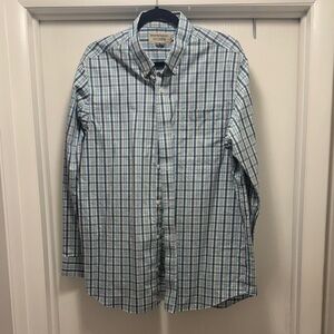 Duluth Trading Men's Blue and White Plaid Shirt. Trim Fit. Wrinklefighter